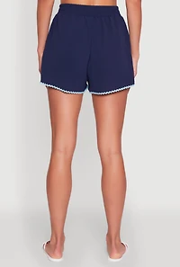 Womens Trendy Crepe Knit High Waisted Shorts with Scalloped Contrast Trim, Blue,