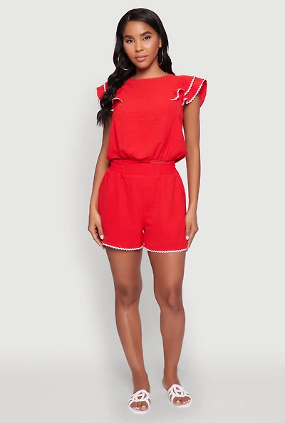 Womens Trendy Crepe Knit High Waisted Shorts with Scalloped Contrast Trim, Red, Size L