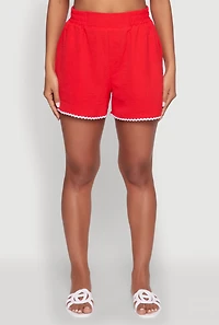 Womens Trendy Crepe Knit High Waisted Shorts with Scalloped Contrast Trim, Red, Size L