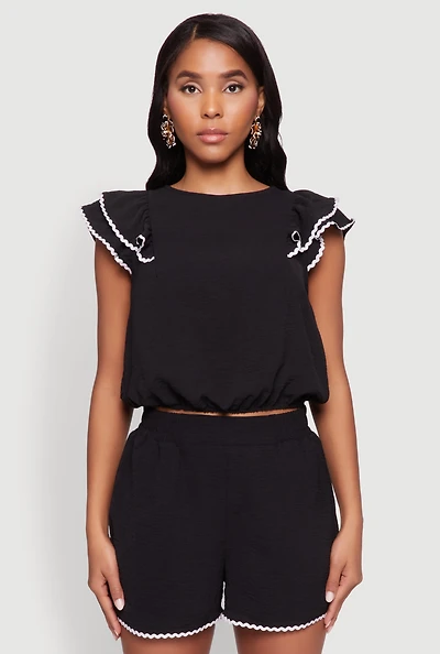 Womens Chic Crepe Knit Cropped Blouse with Tiered Sleeves,