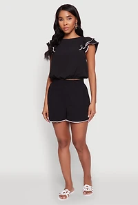 Womens Chic Crepe Knit Cropped Blouse with Tiered Sleeves, Black,