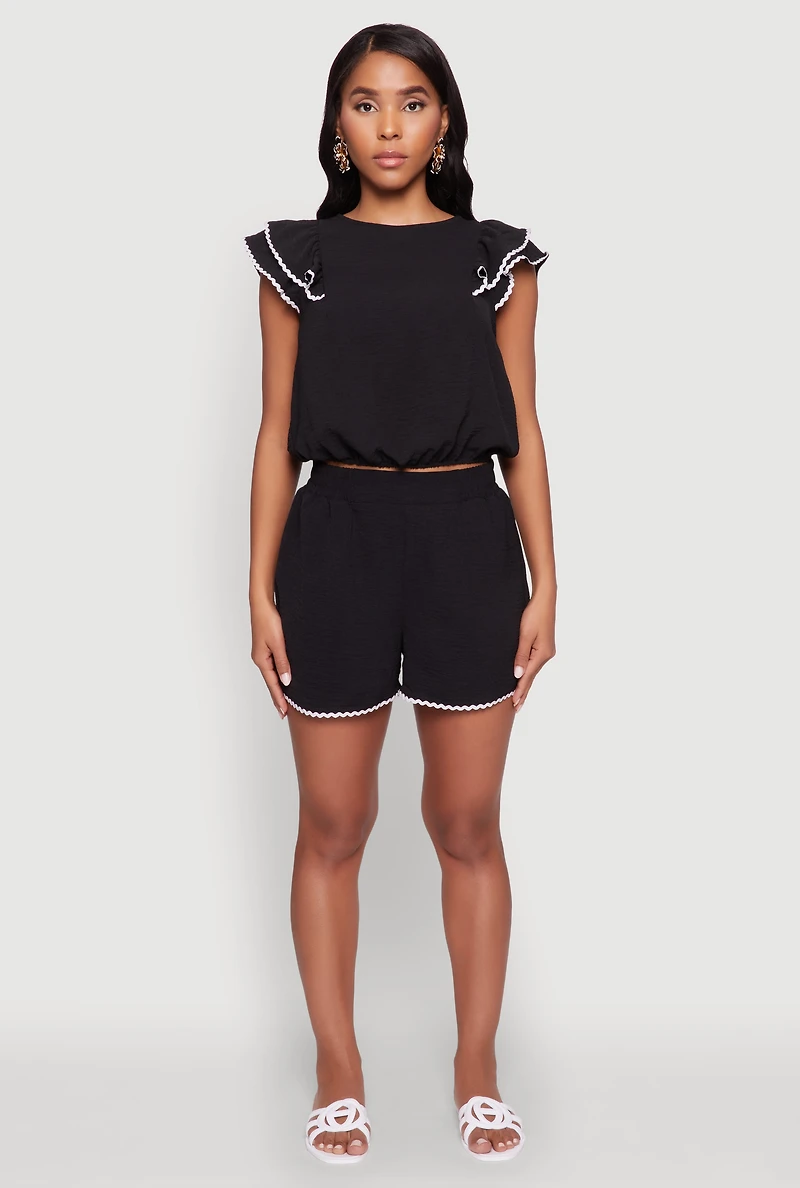 Womens Chic Crepe Knit Cropped Blouse with Tiered Sleeves, Black,