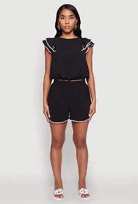 Womens Chic Crepe Knit Cropped Blouse with Tiered Sleeves, Black,