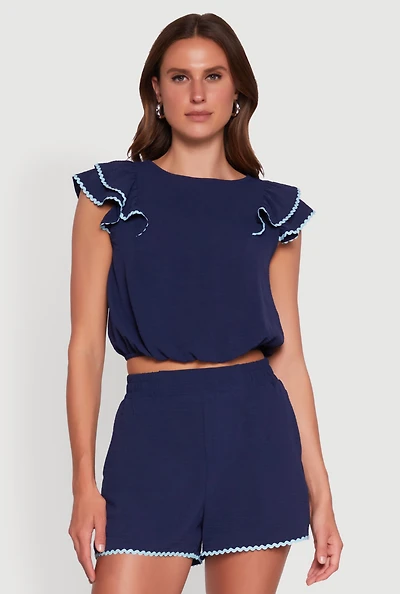 Womens Chic Crepe Knit Cropped Blouse with Tiered Sleeves, Blue, Size M