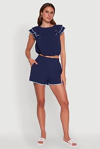 Womens Chic Crepe Knit Cropped Blouse with Tiered Sleeves, Blue, Size M