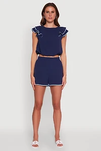 Womens Chic Crepe Knit Cropped Blouse with Tiered Sleeves, Blue, Size M
