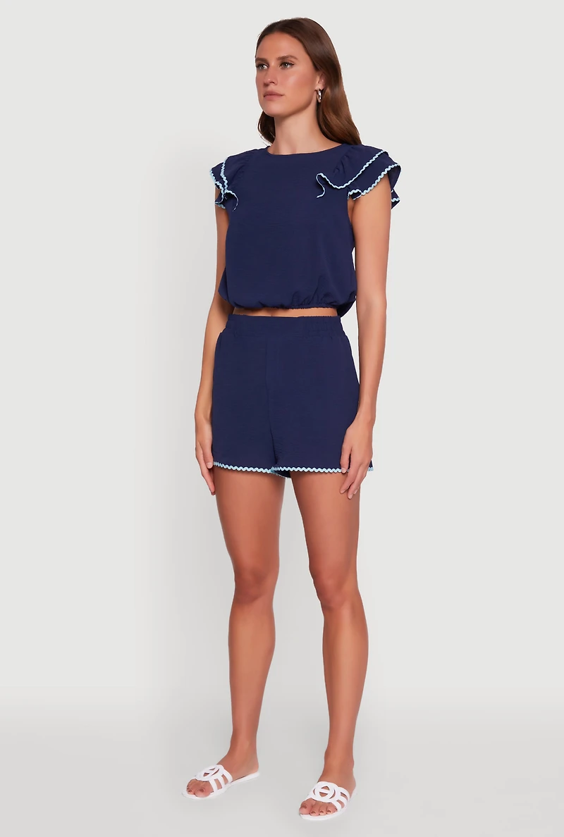 Womens Chic Crepe Knit Cropped Blouse with Tiered Sleeves, Blue, Size M