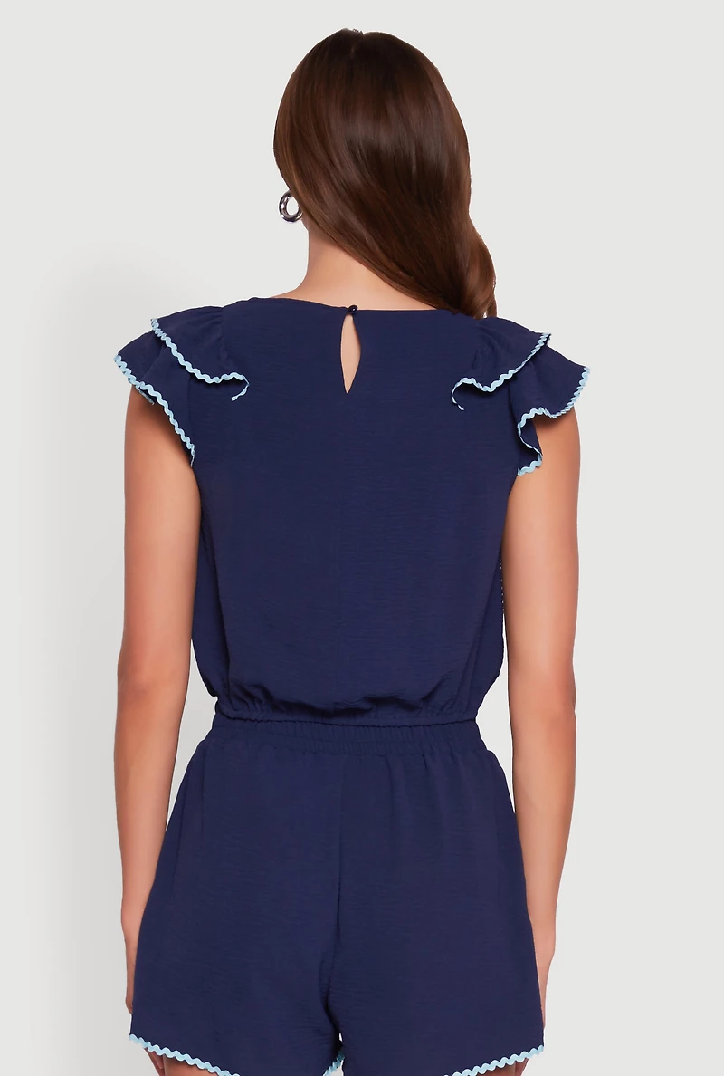Womens Chic Crepe Knit Cropped Blouse with Tiered Sleeves, Blue, Size M