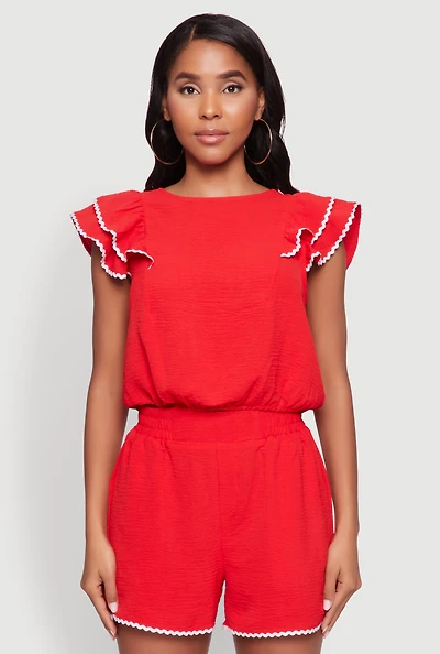 Womens Chic Crepe Knit Cropped Blouse with Tiered Sleeves, Red, Size L
