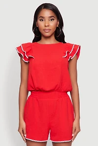 Womens Chic Crepe Knit Cropped Blouse with Tiered Sleeves, Red, Size M