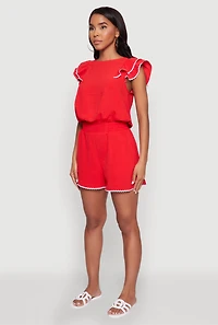 Womens Chic Crepe Knit Cropped Blouse with Tiered Sleeves, Red, Size L