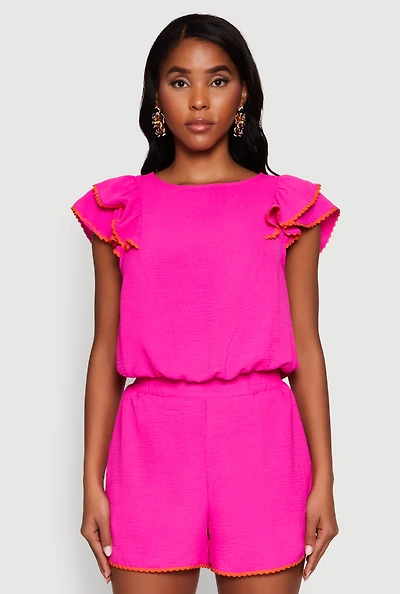 Womens Chic Crepe Knit Cropped Blouse with Tiered Sleeves, Pink, Size S