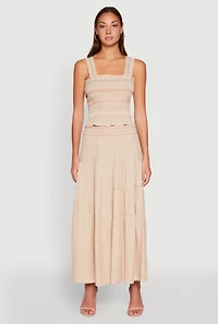 Womens Chevron Smocked Trim Tiered Skirt, Khaki, Size M