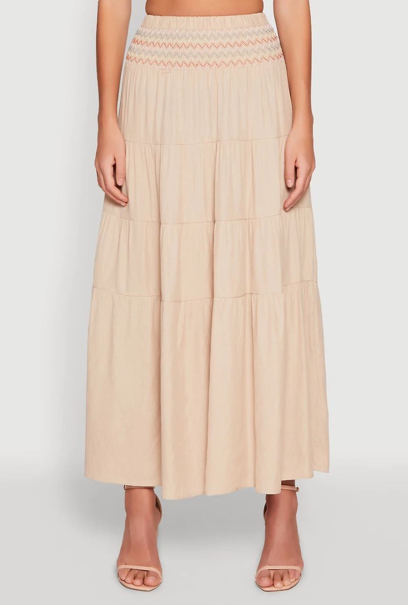 Womens Chevron Smocked Trim Tiered Skirt, Khaki, Size M