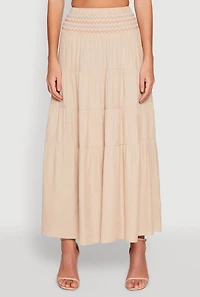 Womens Chevron Smocked Trim Tiered Skirt, Khaki, Size M