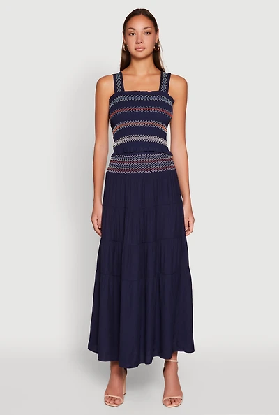 Womens Chevron Smocked Trim Tiered Skirt, Blue, Size L