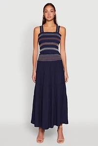 Womens Chevron Smocked Trim Tiered Skirt, Blue, Size L