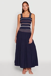 Womens Chevron Smocked Trim Tiered Skirt, Blue, Size M