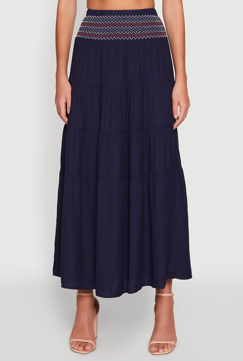 Womens Chevron Smocked Trim Tiered Skirt, Blue, Size M