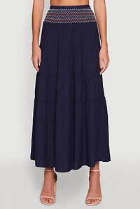 Womens Chevron Smocked Trim Tiered Skirt, Blue, Size M