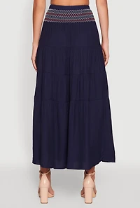Womens Chevron Smocked Trim Tiered Skirt, Blue, Size L