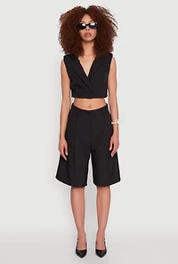 Womens Pinstripe Cropped Blazer Vest, Black, Size L