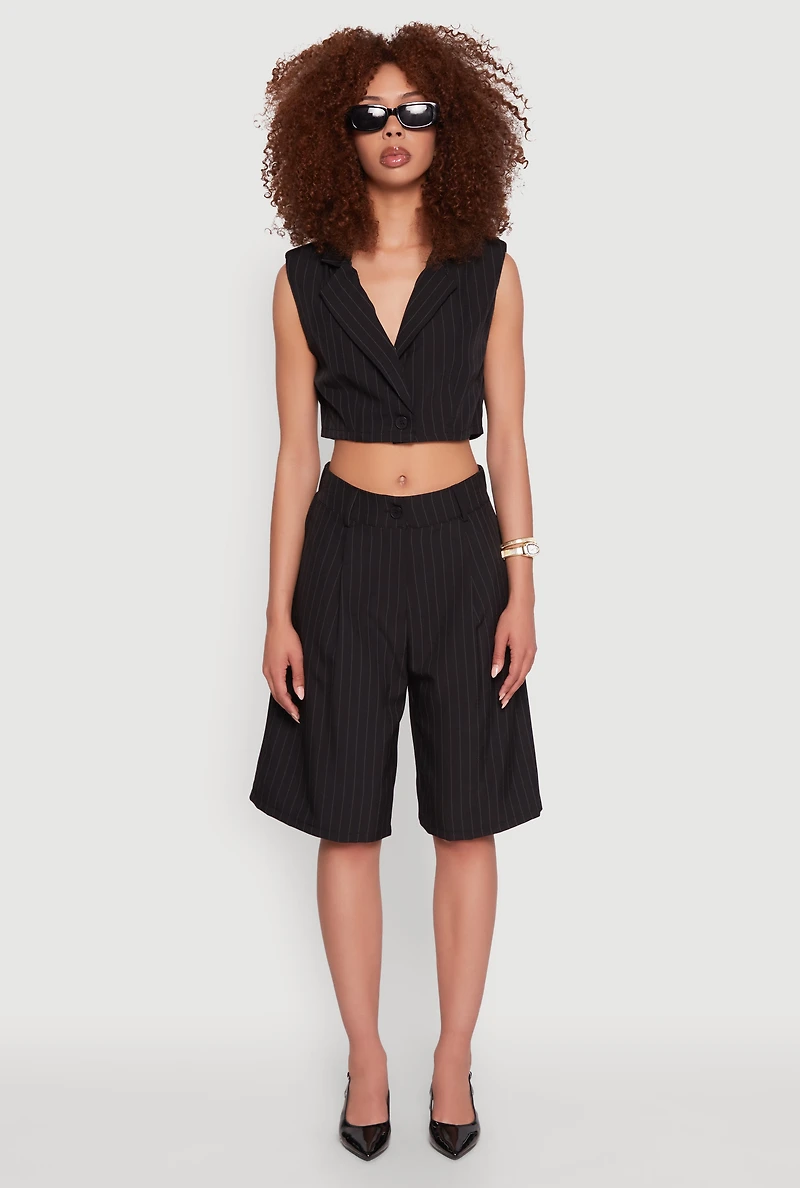 Womens Pinstripe Cropped Blazer Vest, Black, Size S