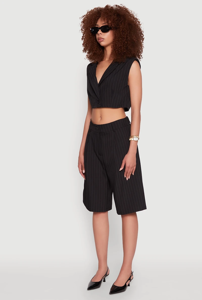 Womens Pinstripe Cropped Blazer Vest, Black, Size S