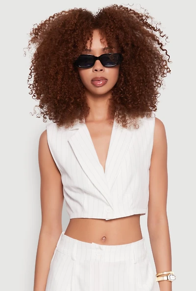 Womens Pinstripe Cropped Blazer Vest, White, Size M
