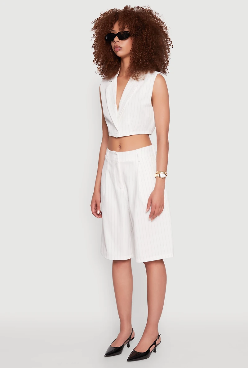 Womens Pinstripe Cropped Blazer Vest, White, Size L