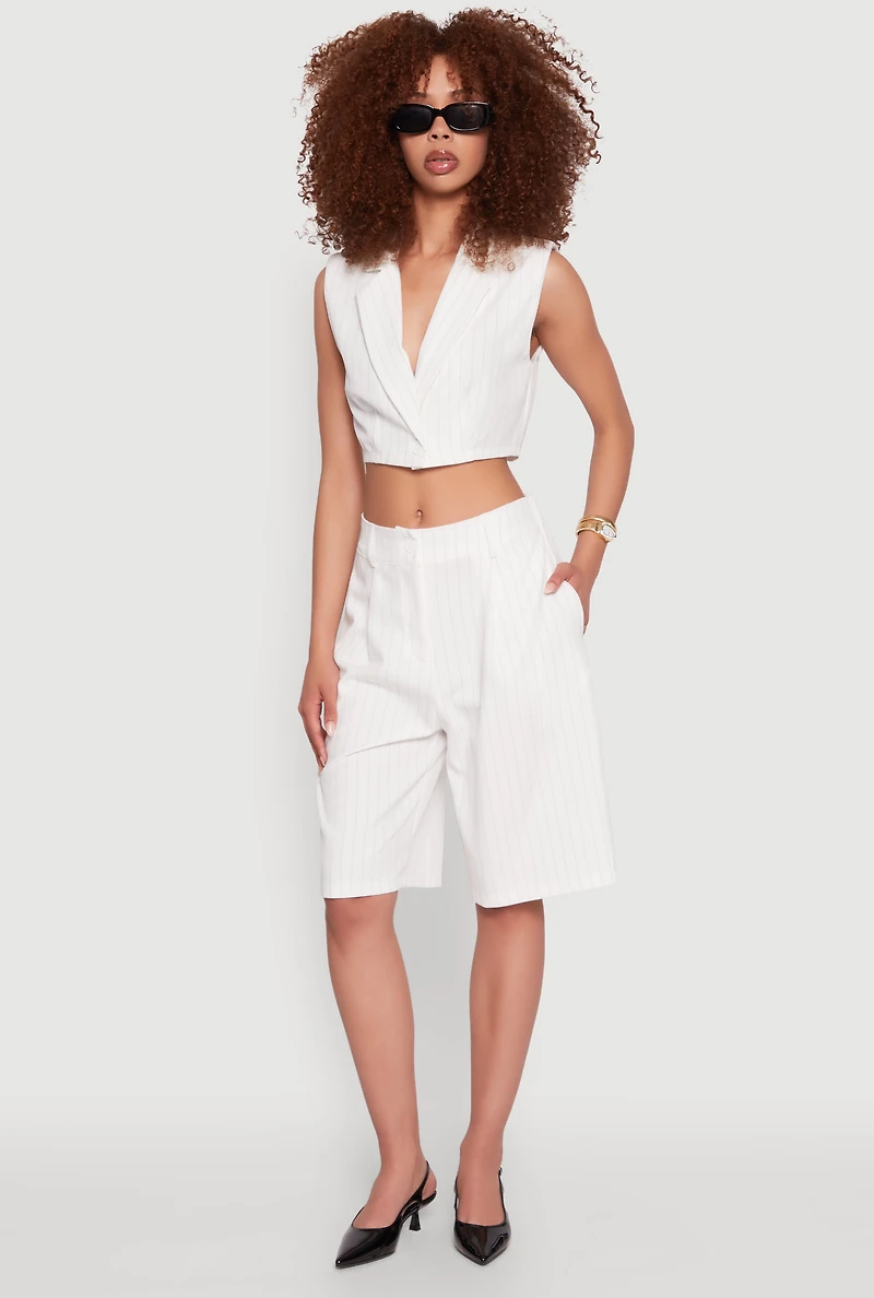 Pinstripe Pleated Bermuda Shorts