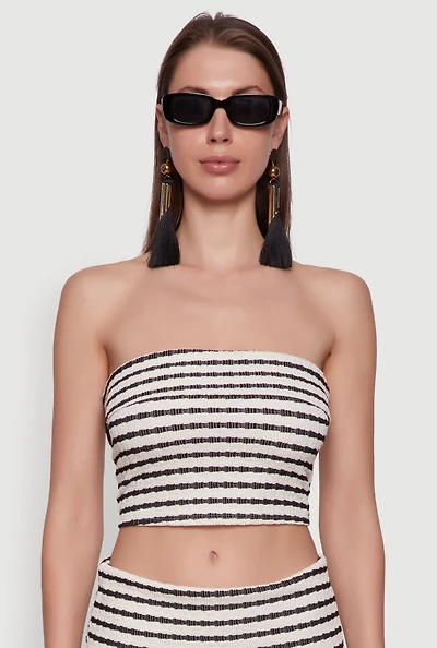 Trendy Striped Textured Knit Fold Over Tube Top