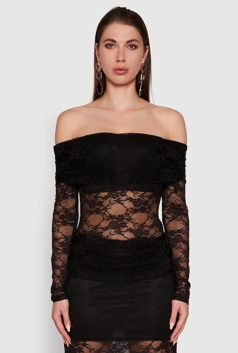 Womens Lace Fold Over Off The Shoulder Blouse, L