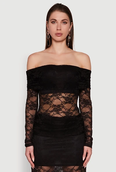 Womens Lace Fold Over Off The Shoulder Blouse, L