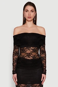 Womens Lace Fold Over Off The Shoulder Blouse, L