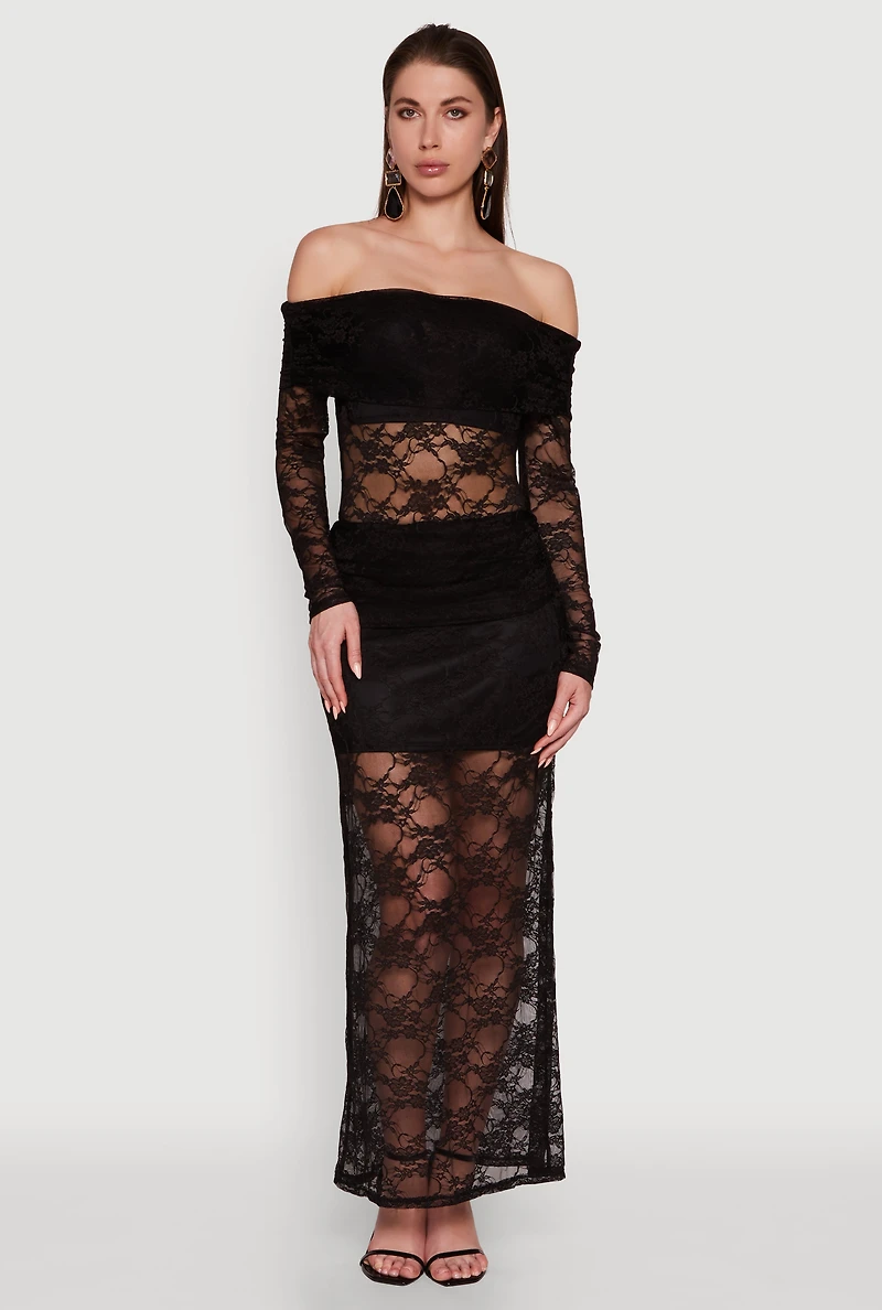 Womens Lace Fold Over Off The Shoulder Blouse, Black, Size L