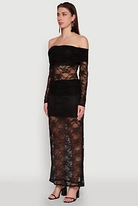 Womens Lace Fold Over Off The Shoulder Blouse, L