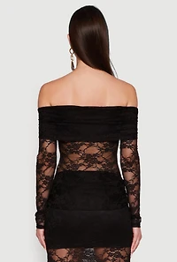 Womens Lace Fold Over Off The Shoulder Blouse, L