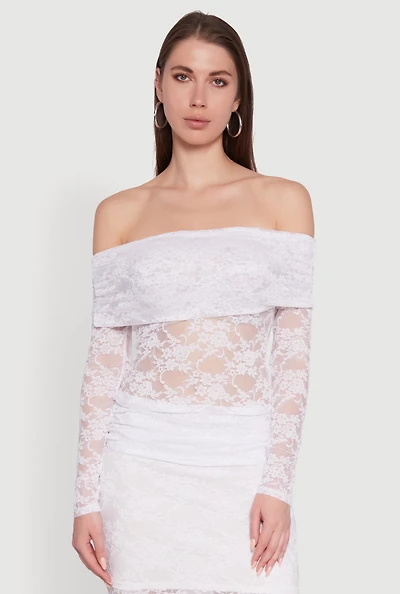 Womens Lace Fold Over Off The Shoulder Blouse, White, Size S