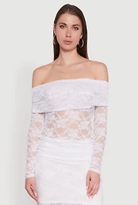 Womens Lace Fold Over Off The Shoulder Blouse, White, Size S