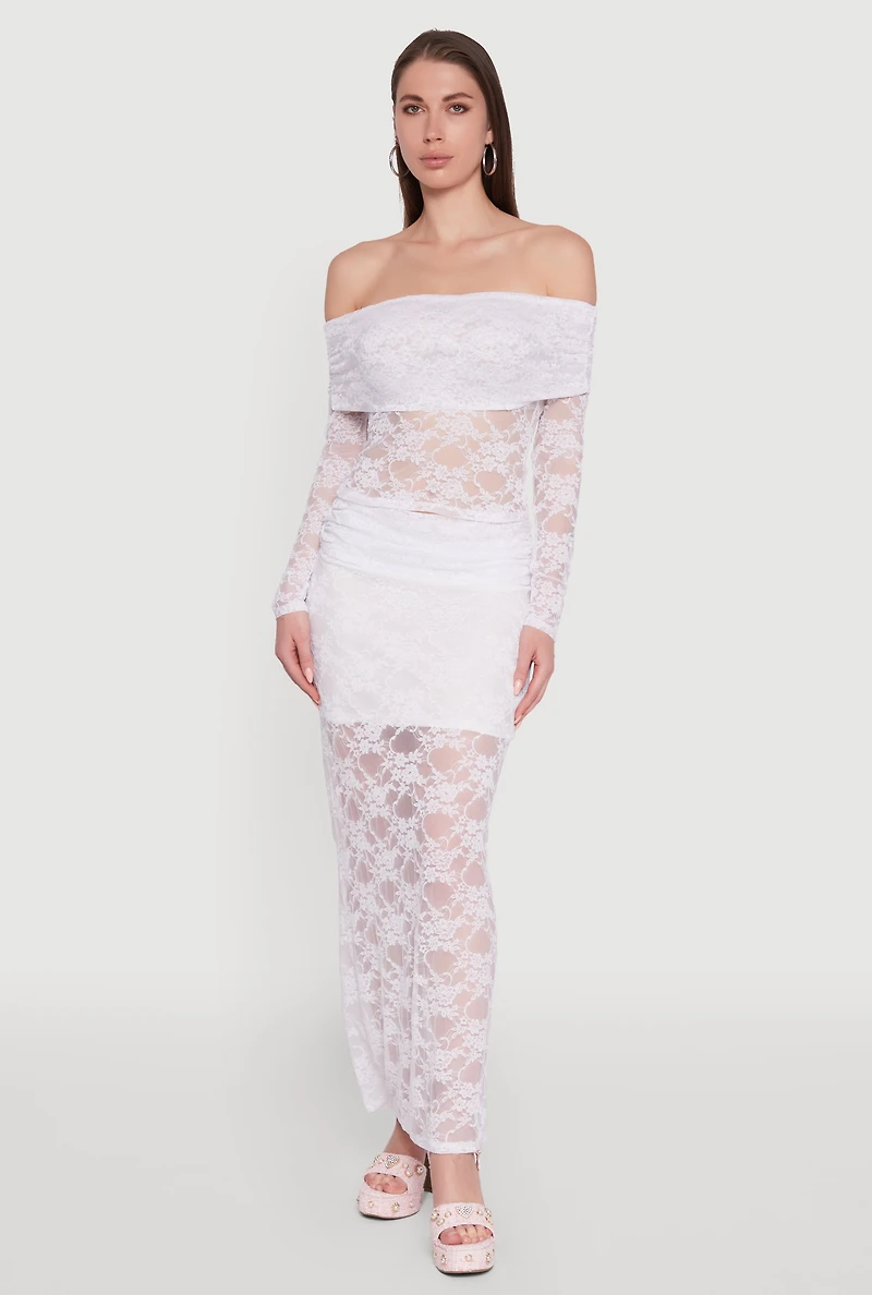 Womens Lace Fold Over Off The Shoulder Blouse, White,