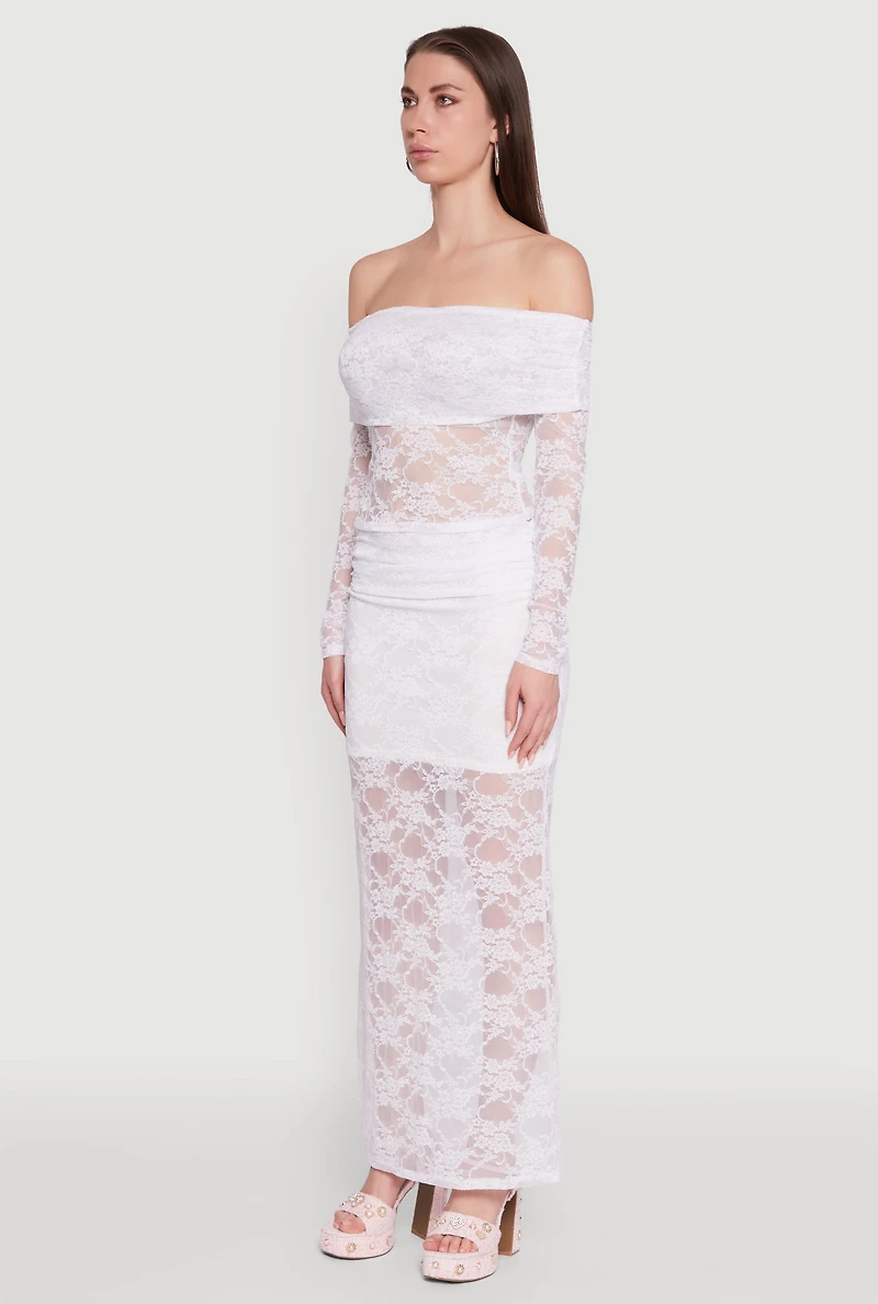 Womens Lace Fold Over Off The Shoulder Blouse, White, Size S