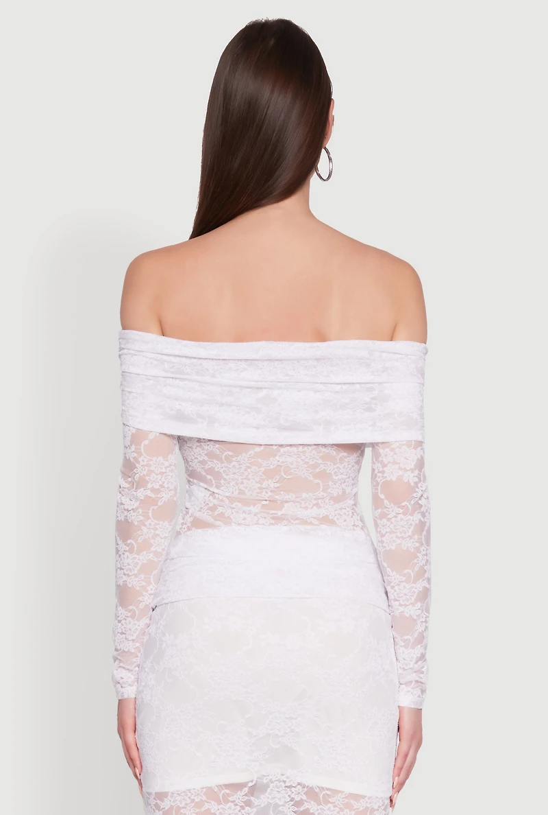 Womens Lace Fold Over Off The Shoulder Blouse, White, Size S