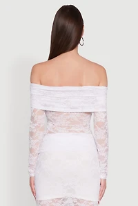 Womens Lace Fold Over Off The Shoulder Blouse, White, Size S