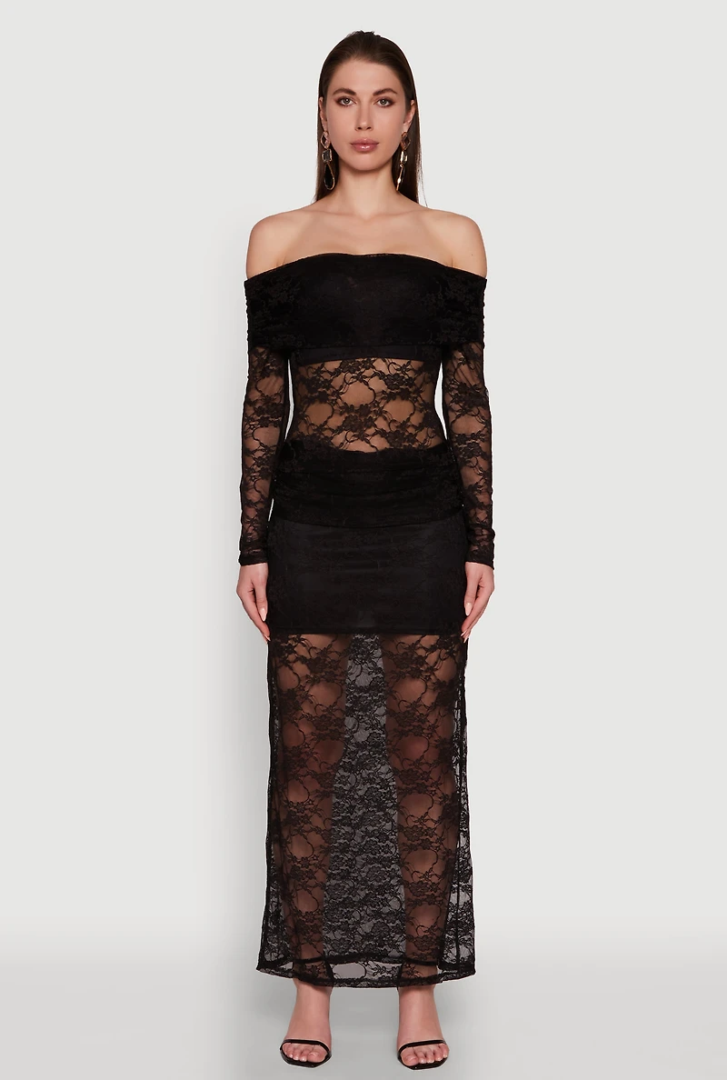 Womens Chic Lace Fold Over Ruched Maxi Skirt, Black, Size XL