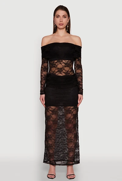 Womens Chic Lace Fold Over Ruched Maxi Skirt, Black, Size XL