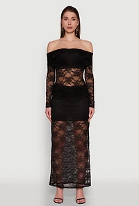 Womens Chic Lace Fold Over Ruched Maxi Skirt, Black, Size XL