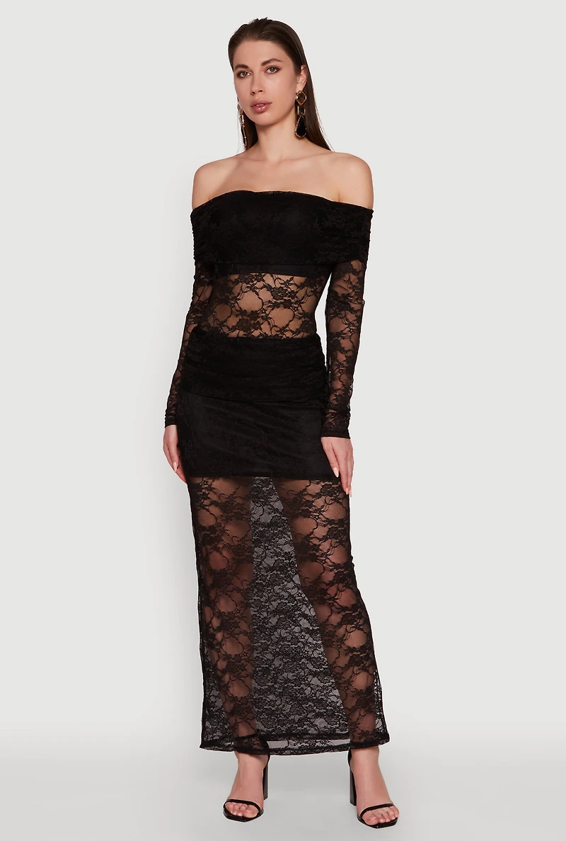 Womens Chic Lace Fold Over Ruched Maxi Skirt,