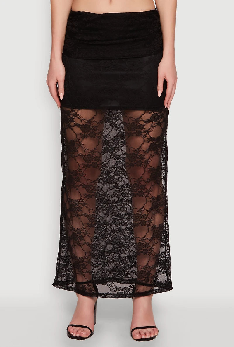Womens Chic Lace Fold Over Ruched Maxi Skirt,