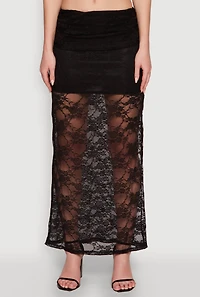 Womens Chic Lace Fold Over Ruched Maxi Skirt,